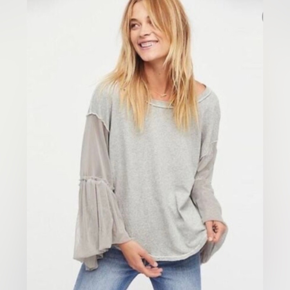 Free People Still Got It Gray Mesh Bell Sleeve Top